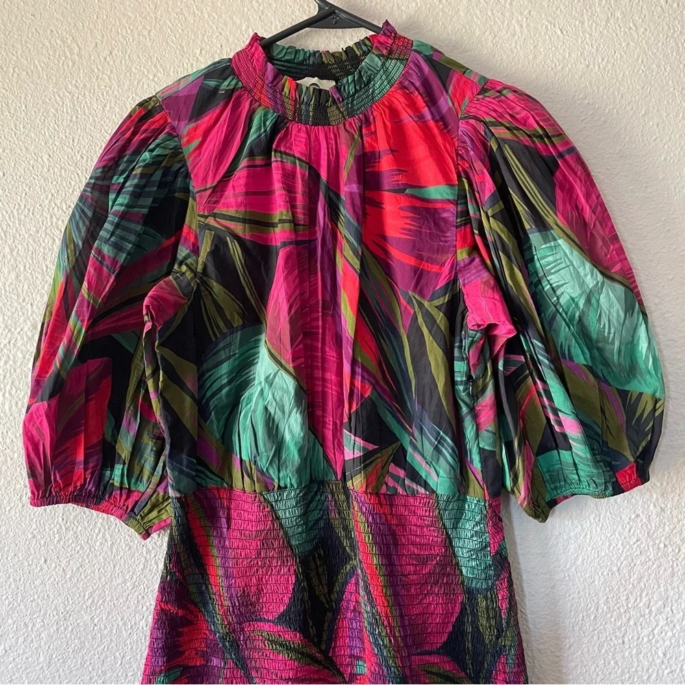 FARM Rio Midnight Leaves Mini Dress Women’s S Smocked Ruffle Puff Sleeve Cotton - Picture 4 of 16